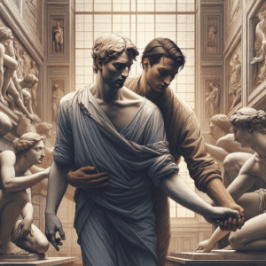 Illustration d'un couple moderne s'entraidant et se soutenant, entouré d'éléments inspirés de la Renaissance italienne, avec des sculptures en arrière-plan et une atmosphère de complicité et de confiance.