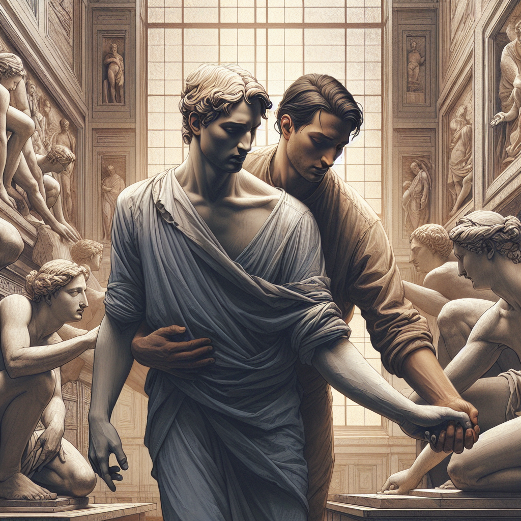 Illustration d'un couple moderne s'entraidant et se soutenant, entouré d'éléments inspirés de la Renaissance italienne, avec des sculptures en arrière-plan et une atmosphère de complicité et de confiance.