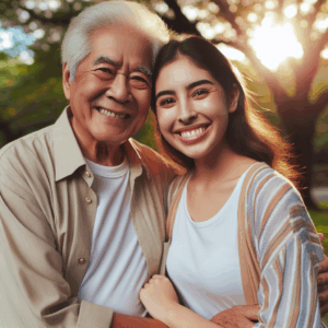 A couple of visibly different ages, smiling and happy in a park, reflecting love and unity despite the age gap, in a warm, sunny, and inviting atmosphere.