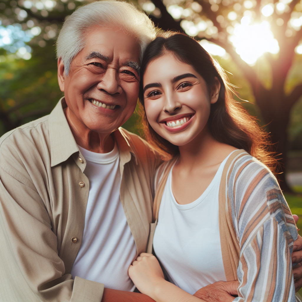 A couple of visibly different ages, smiling and happy in a park, reflecting love and unity despite the age gap, in a warm, sunny, and inviting atmosphere.
