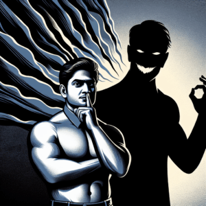 An illustration depicting a person confidently standing against a shadowy figure whispering manipulative phrases, symbolizing empowerment against psychological manipulation.