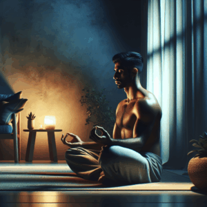 A serene, intimate scene of a person engaged in a mindful and meditative state, reflecting the tranquility and depth of the gooning practice, with soft lighting and soothing colors, to convey both tension and release in a visually poetic way.