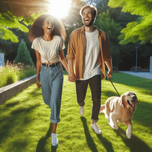 A cheerful young couple walking in a park, with a golden retriever by their side, laughing and enjoying a sunny day together. The background is a lively green park scene, capturing the essence of fun and companionship.