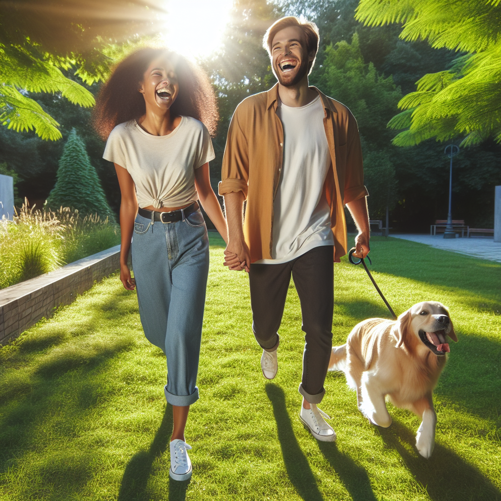 A cheerful young couple walking in a park, with a golden retriever by their side, laughing and enjoying a sunny day together. The background is a lively green park scene, capturing the essence of fun and companionship.