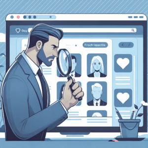 Une illustration représentant un détective avec une loupe, observant des profils de rencontres sur une interface numérique, dans un style moderne et épuré, avec des teintes bleues et grises.