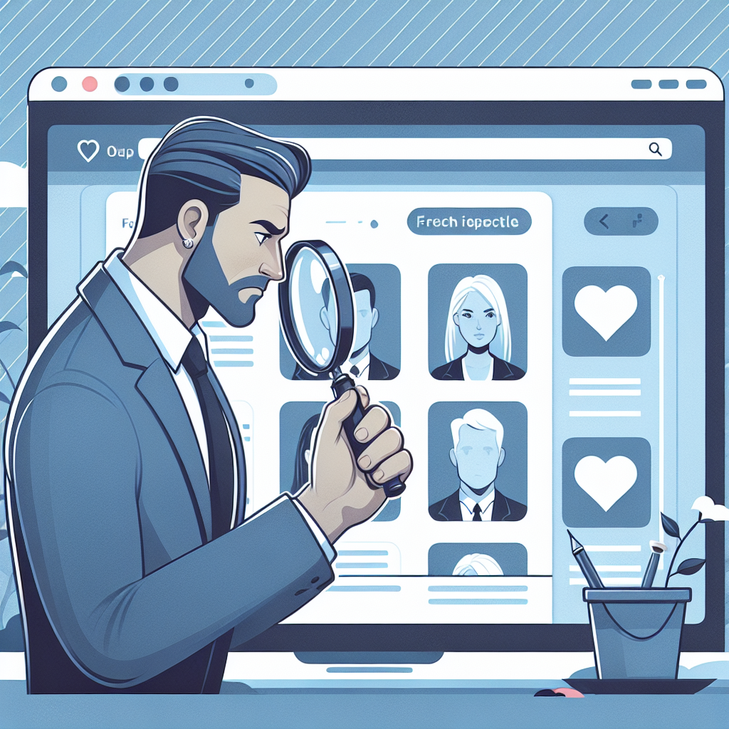 Une illustration représentant un détective avec une loupe, observant des profils de rencontres sur une interface numérique, dans un style moderne et épuré, avec des teintes bleues et grises.