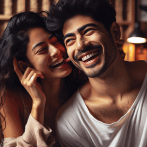 Un couple riant ensemble dans une ambiance chaleureuse, mettant en évidence un geste de tendresse comme une morsure affectueuse, le tout dans un décor romantique et apaisant, avec des tons doux et lumineux.