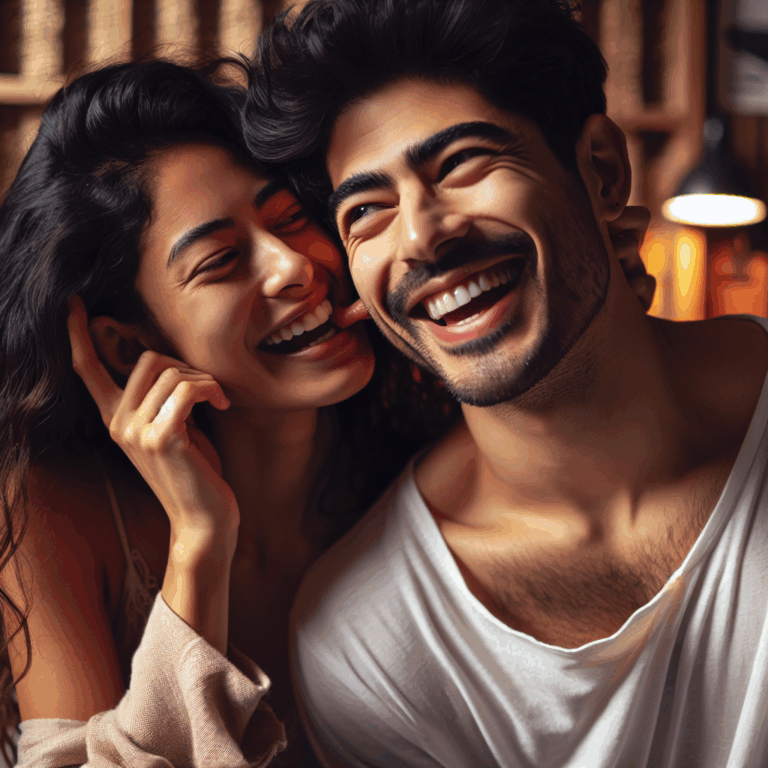 Un couple riant ensemble dans une ambiance chaleureuse, mettant en évidence un geste de tendresse comme une morsure affectueuse, le tout dans un décor romantique et apaisant, avec des tons doux et lumineux.