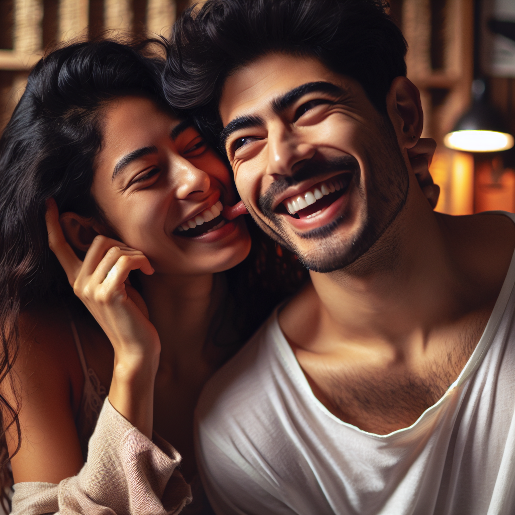 Un couple riant ensemble dans une ambiance chaleureuse, mettant en évidence un geste de tendresse comme une morsure affectueuse, le tout dans un décor romantique et apaisant, avec des tons doux et lumineux.