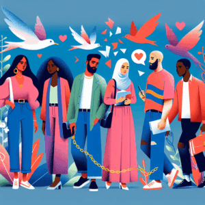 Illustration de jeunes adultes de la Génération Z explorant des relations amoureuses modernes, avec des symboles de liberté et d'indépendance; style coloré et moderne.