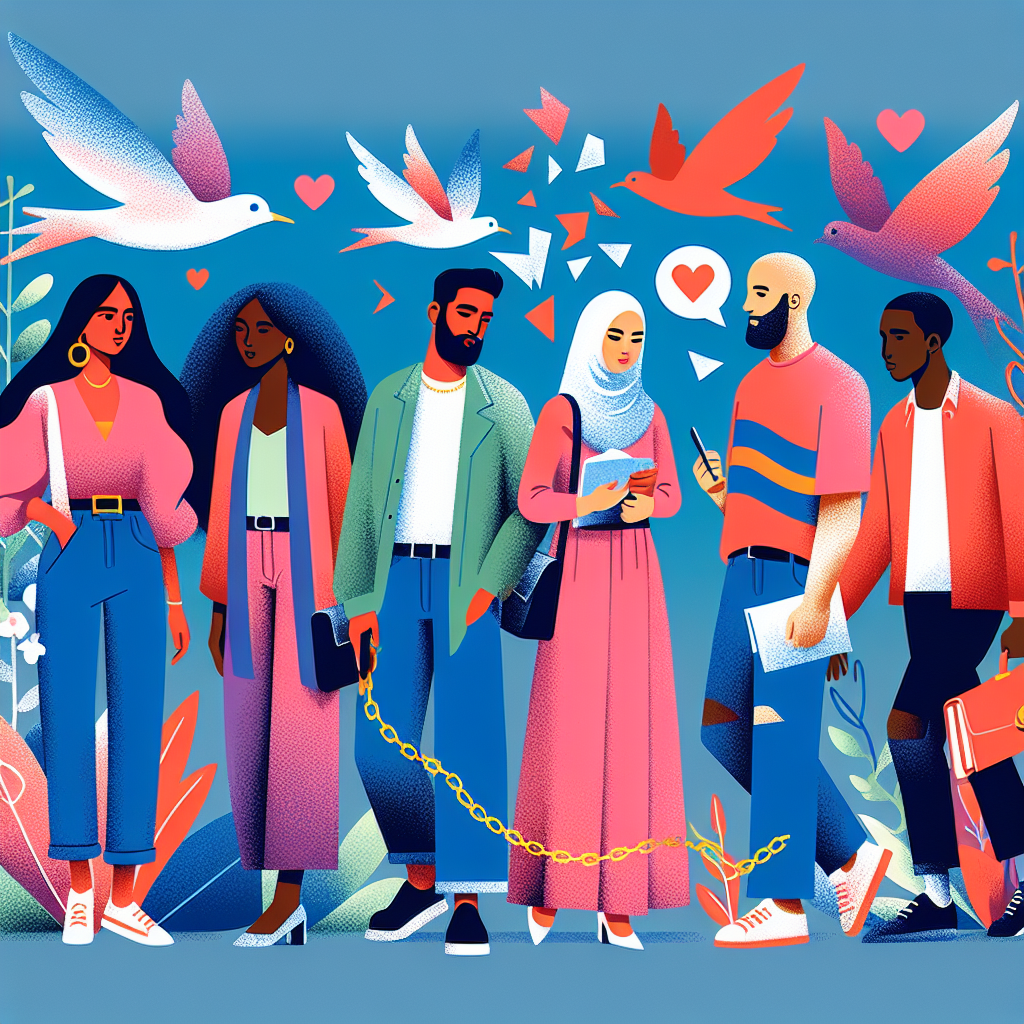 Illustration de jeunes adultes de la Génération Z explorant des relations amoureuses modernes, avec des symboles de liberté et d'indépendance; style coloré et moderne.