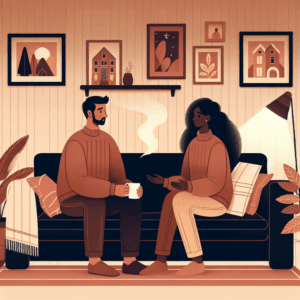 Illustration d'un couple assis sur un canapé, discutant calmement de leurs sentiments, dans un décor chaleureux et intime.