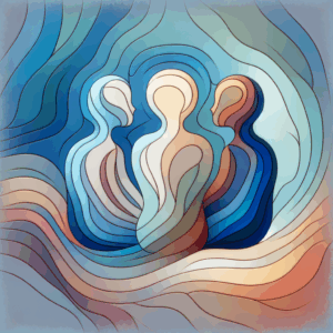 A symbolic illustration of three abstract female figures exploring and discussing, surrounded by soft colors to represent comfort and enjoyment in female sexual exploration techniques.