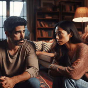 A couple having a serious conversation at home, one partner looking concerned and the other empathetic, with a background suggesting a cozy living room setting, warm lighting enhancing the intimate atmosphere.