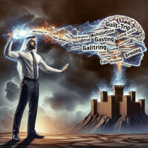 An illustration depicting a person confidently deflecting manipulative phrases with a backdrop symbolizing mental strength.