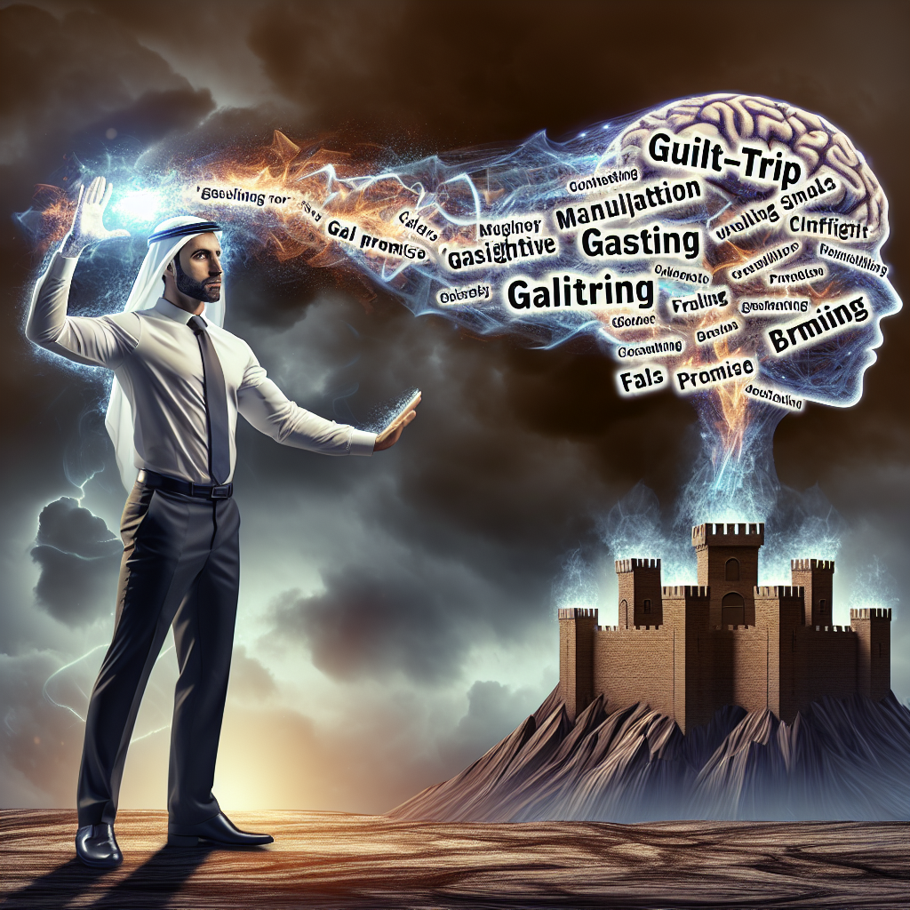 An illustration depicting a person confidently deflecting manipulative phrases with a backdrop symbolizing mental strength.