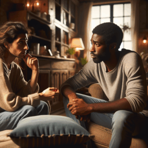 A couple sitting and having a calm conversation, one partner appearing a bit concerned while the other listens attentively, set in a cozy living room environment with soft lighting.