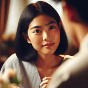 A romantic and thoughtful depiction of a woman gazing affectionately at someone, with subtle hints of love and attraction in her body language. The setting should be intimate and warm, reflecting a sense of emotional connection.