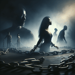 A conceptual image of a person breaking free from chains of manipulation with shadowy figures in the background symbolizing narcissistic control, set in a dark, moody atmosphere that suggests psychological struggle.