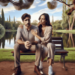 A couple sitting on a park bench, with the man looking concerned and the woman comforting him. The setting is peaceful, with trees and a lake in the background, symbolizing calm and understanding.
