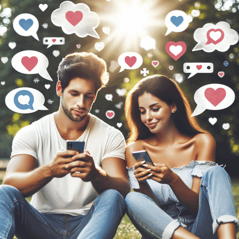 Un couple amoureux échangeant des messages sur leur téléphone, entouré de symboles de communication tels que des bulles de texte et des émoticônes de cœur, avec un arrière-plan estival enchanteur.