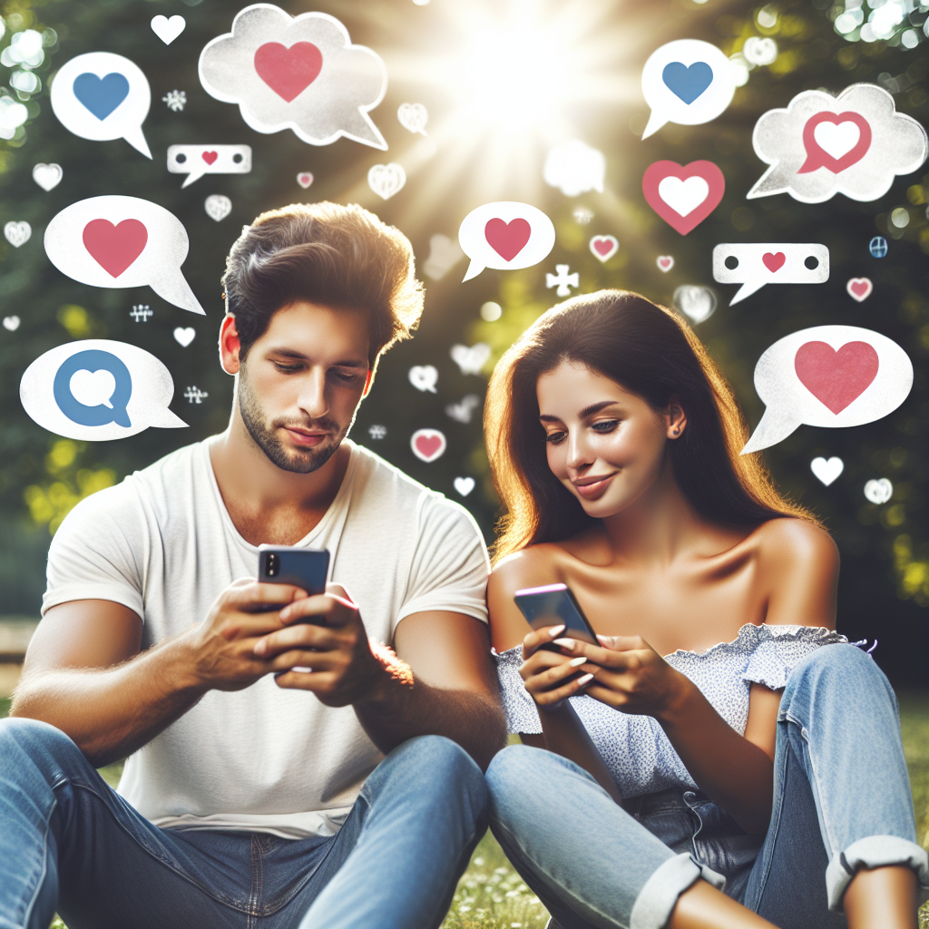 Un couple amoureux échangeant des messages sur leur téléphone, entouré de symboles de communication tels que des bulles de texte et des émoticônes de cœur, avec un arrière-plan estival enchanteur.