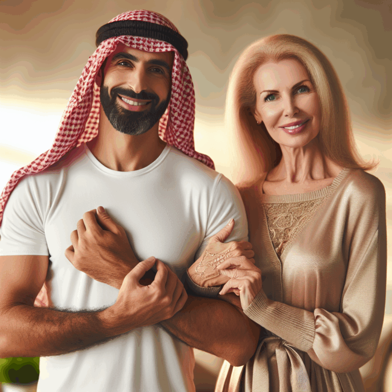Un couple d'âges différents, main dans la main, souriant et sûr de leur relation, illustrant l'amour qui dépasse les barrières d'âge, avec une ambiance chaleureuse et apaisante.