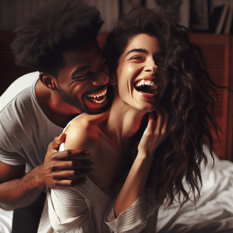 A playful and affectionate couple in a cozy bedroom setting, one playfully biting the other's shoulder with laughter and tenderness, ambient warm lighting, expression of love and spontaneity.