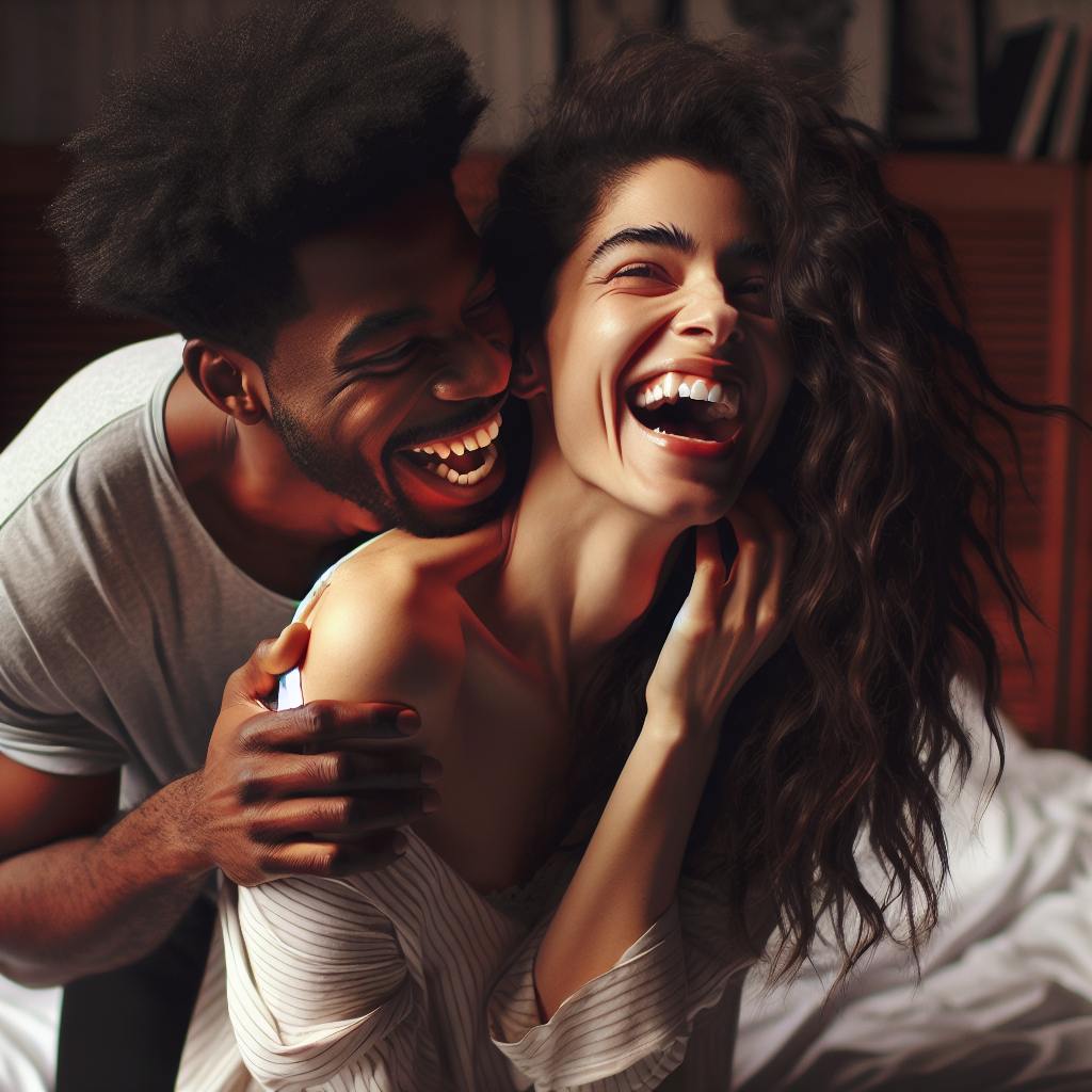 A playful and affectionate couple in a cozy bedroom setting, one playfully biting the other's shoulder with laughter and tenderness, ambient warm lighting, expression of love and spontaneity.