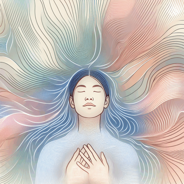 An artistic representation of a person in a state of trance through meditation, with a dreamy, euphoric expression, surrounded by abstract waves symbolizing prolonged pleasure and sensuality. Soft colors and blurred lines to convey a sense of gentle intensity and focus.