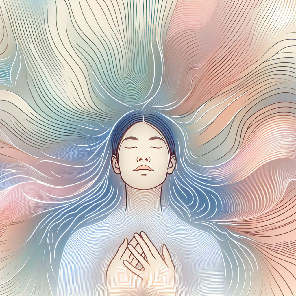 An artistic representation of a person in a state of trance through meditation, with a dreamy, euphoric expression, surrounded by abstract waves symbolizing prolonged pleasure and sensuality. Soft colors and blurred lines to convey a sense of gentle intensity and focus.