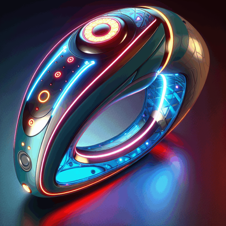 A futuristic and sleek designed sextoy with LED lights, showcasing advanced technology and innovation; vibrant colors and aesthetically pleasing shape, hinting at luxury and modernity.