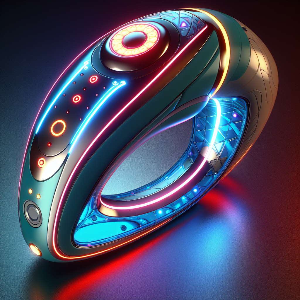 A futuristic and sleek designed sextoy with LED lights, showcasing advanced technology and innovation; vibrant colors and aesthetically pleasing shape, hinting at luxury and modernity.