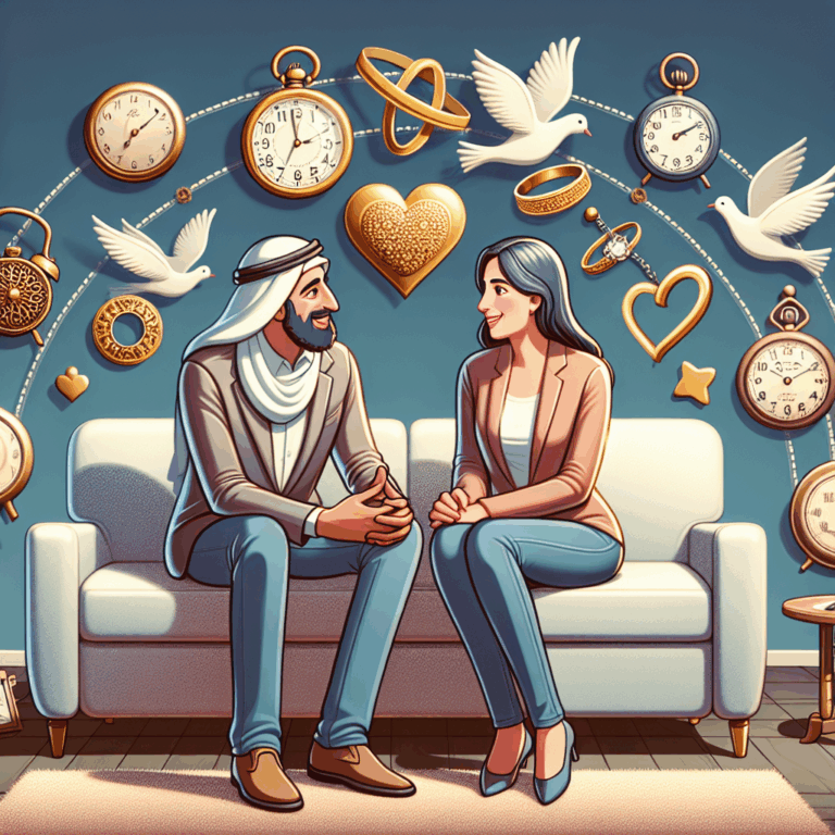 A couple sitting together on a sofa, facing challenges but working through them with communication, surrounded by icons of time (clocks showing different years) and marriage symbols.