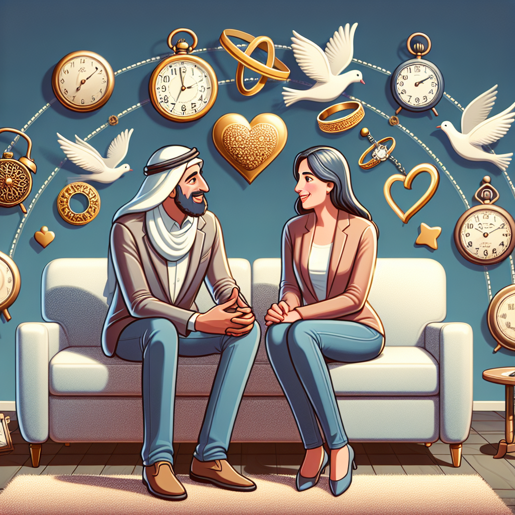 A couple sitting together on a sofa, facing challenges but working through them with communication, surrounded by icons of time (clocks showing different years) and marriage symbols.