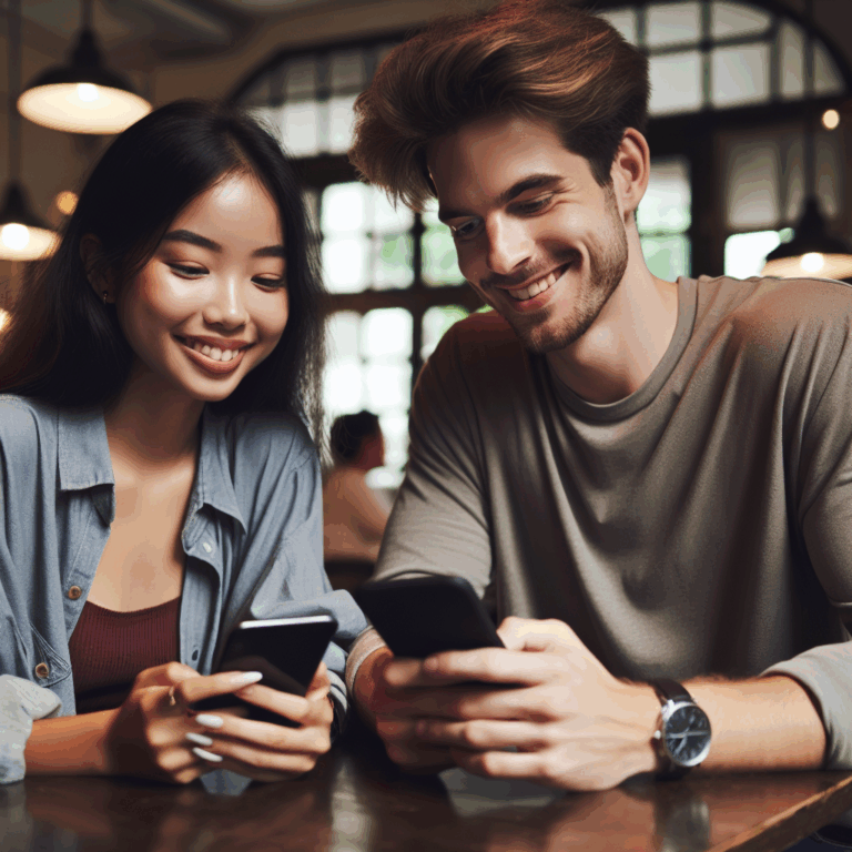 A young couple in casual attire, sitting across from each other at a cozy cafe table, smiling and looking at their phones, conveying affection and connection. The setting is a softly lit cafe with a warm ambiance.
