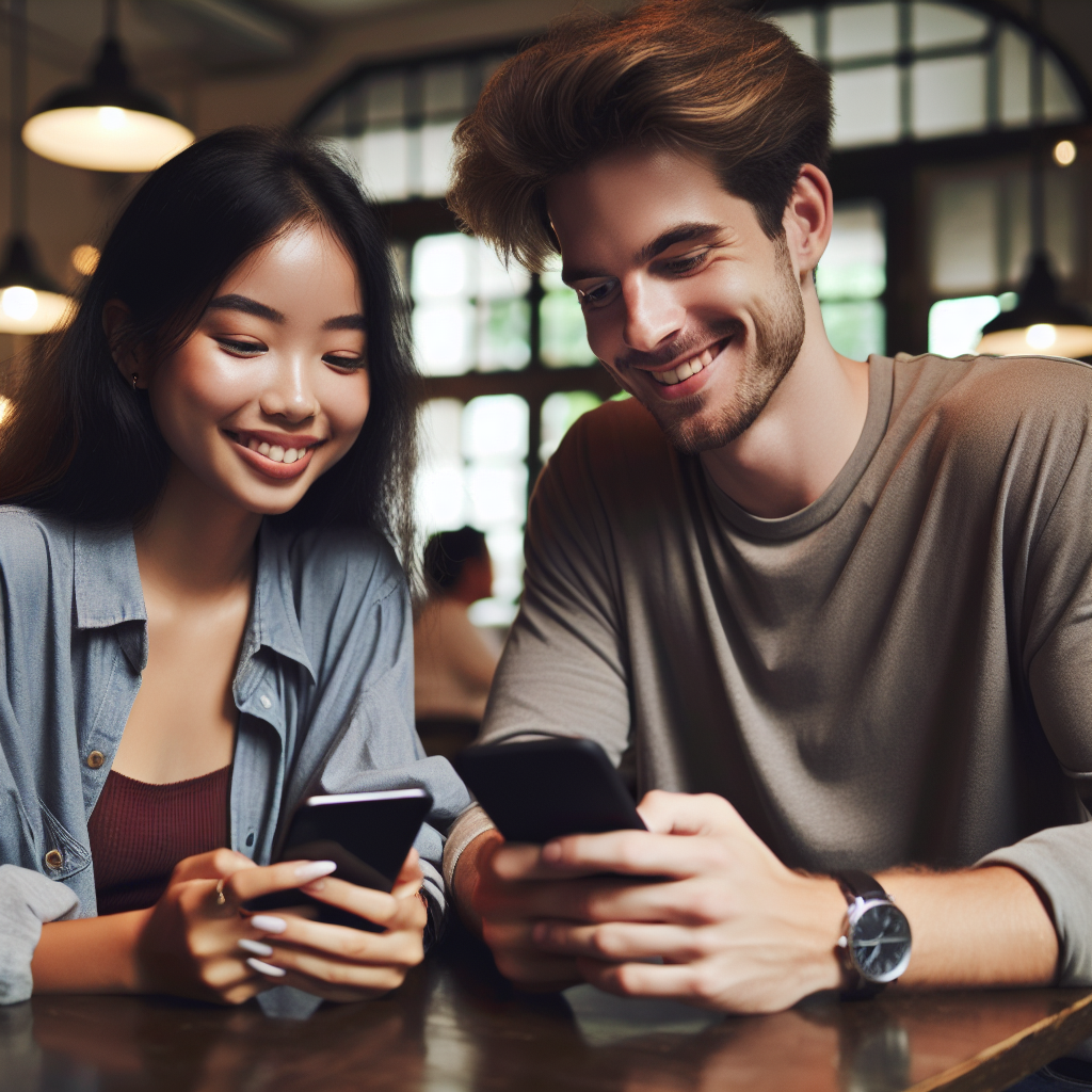 A young couple in casual attire, sitting across from each other at a cozy cafe table, smiling and looking at their phones, conveying affection and connection. The setting is a softly lit cafe with a warm ambiance.