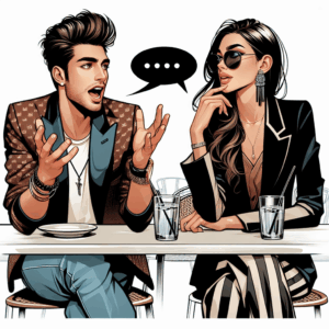 A stylish, modern illustration of a young couple sitting at a café, with one person talking extensively while the other listens with mixed emotions, capturing the essence of sharing personal stories rapidly.