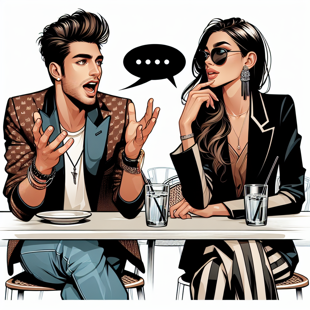 A stylish, modern illustration of a young couple sitting at a café, with one person talking extensively while the other listens with mixed emotions, capturing the essence of sharing personal stories rapidly.