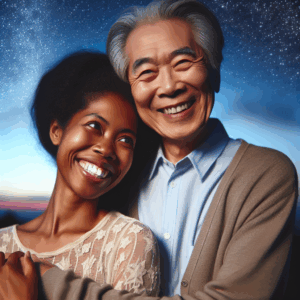 Un couple harmonieux avec une différence d'âge significative, souriant ensemble sous un ciel étoilé, symbolisant l'amour au-delà du temps.