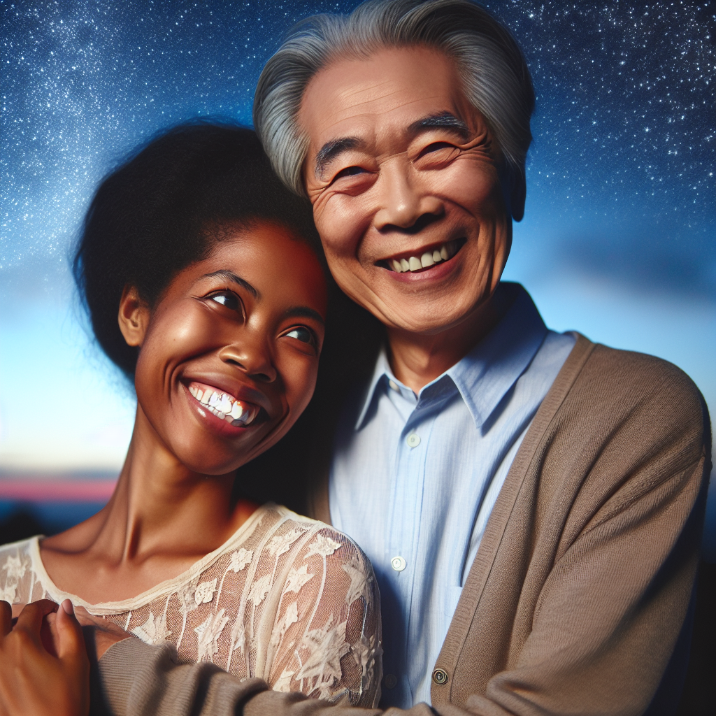 Un couple harmonieux avec une différence d'âge significative, souriant ensemble sous un ciel étoilé, symbolisant l'amour au-delà du temps.