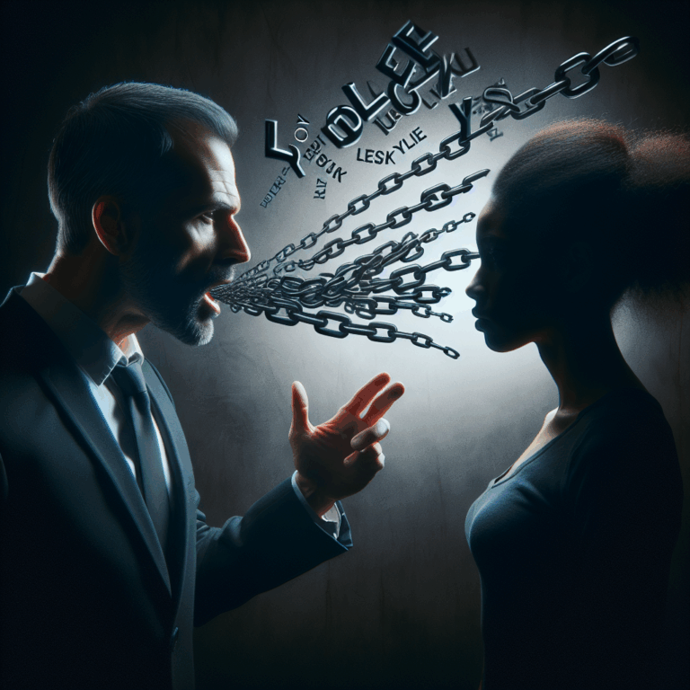 Un manipulateur verbal faisant face à une cible vulnérable dans une ambiance tendue et sombre. Les mots s'échappant de sa bouche sont visuellement représentés comme des chaînes ou des liens, illustrant la manipulation mentale.