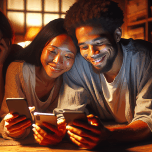 Two happy couples interacting with smartphones, each couple sitting close together and engaging with a digital app interface on their phones, in a cozy home environment, soft lighting, smiling faces, diverse ethnic backgrounds.