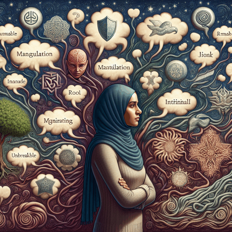 A thoughtful illustration depicting a person surrounded by speech bubbles with manipulative phrases, set against a backdrop symbolizing emotional entanglement and mental strength. The mood should convey awareness and resilience.