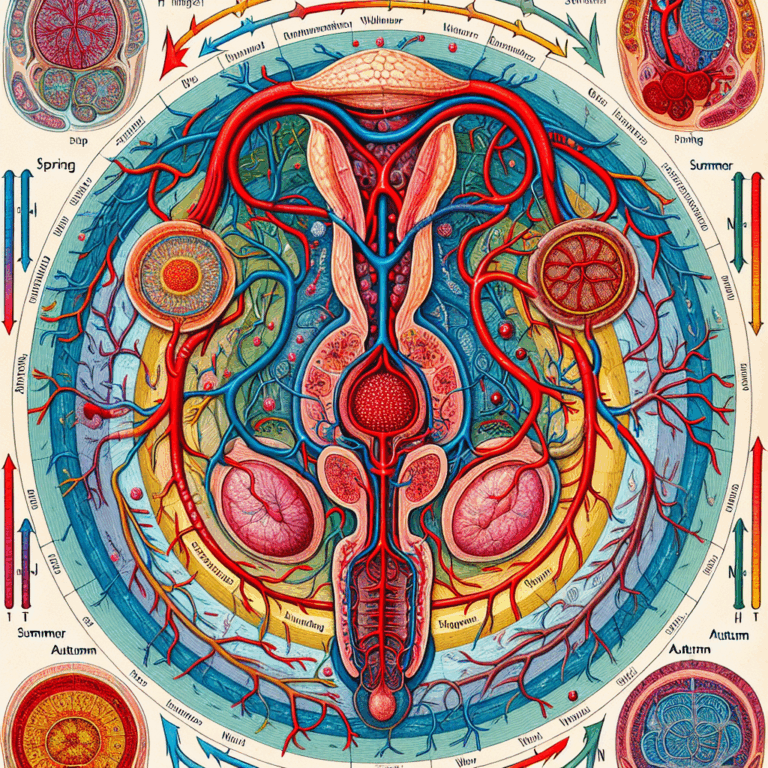 A scientific illustration of human anatomy focusing on the circulatory system of the male genital area during different seasons, showing temperature effects.