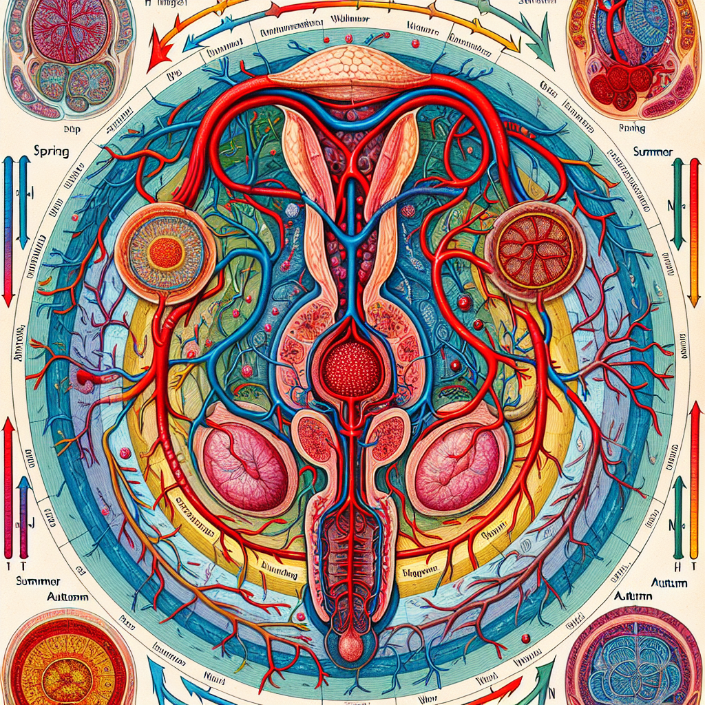 A scientific illustration of human anatomy focusing on the circulatory system of the male genital area during different seasons, showing temperature effects.