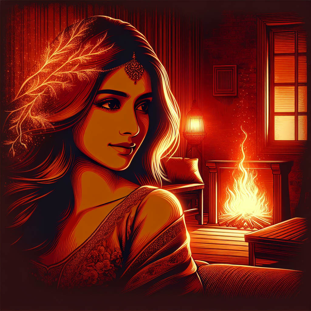 A romantic illustration of a woman displaying subtle signs of affection, such as a soft gaze and a gentle smile, in a cozy, intimate setting. The atmosphere is warm and inviting, emphasizing the theme of love and emotional connection.