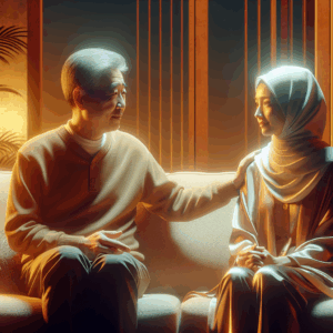 An illustration of a couple sitting on a sofa, having an open and honest conversation, with expressions of understanding and empathy. The background is a cozy living room, with warm lighting and soft textures, emphasizing a calm and safe environment for communication.