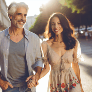 A mature couple walking hand in hand on a sunny day, surrounded by an urban park setting, conveying love and joy despite age differences. The man has grey hair and wears casual clothing; the woman is younger, with a joyful smile, wearing a floral dress.