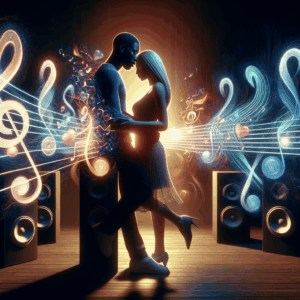 A romantic couple in a dimly lit room, surrounded by soft music notes and speakers; a vibrant depiction of music's influence on intimate settings, with contrasting fast and slow music tempos visually represented.